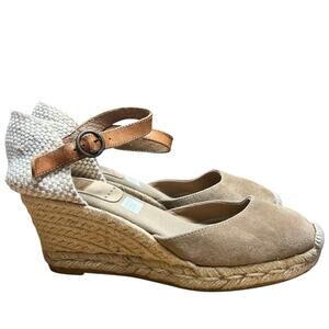 Kanna Taupe Espadrille Suede Sandals Jute Wedge 2 1/2" Heel Ankle Strap US 7